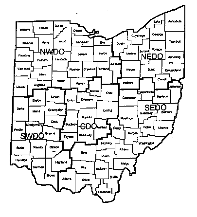 map of Ohio showing the counties in each OPEA districts