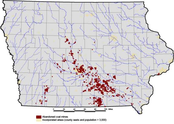 Graphic showing location of abandoned coal mines and incorporated areas in Iowa