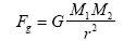Equation: F sub g equals G times ((M sub 1 times M sub 2) divided by r squared)