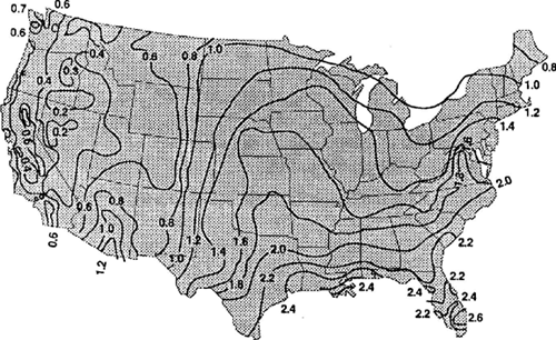 Map of United States showing generalized rainfall intensity in inches per hour for a 2-year, 1-hour storm event.