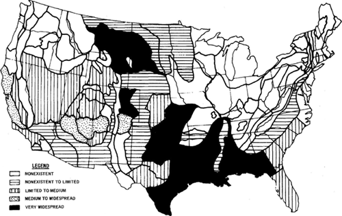 Map of United States showing estimated location of swelling soils