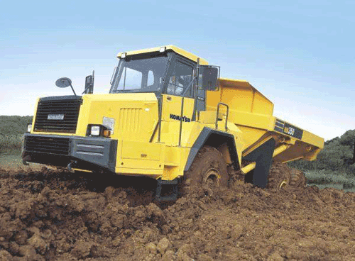 Close up photo of an articulated dump truck used to haul excavated soils off site.