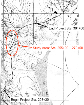 Topographic map showing the horizontal alignment of the example project with the study section between Stations 255+00 and 270+00 shown.