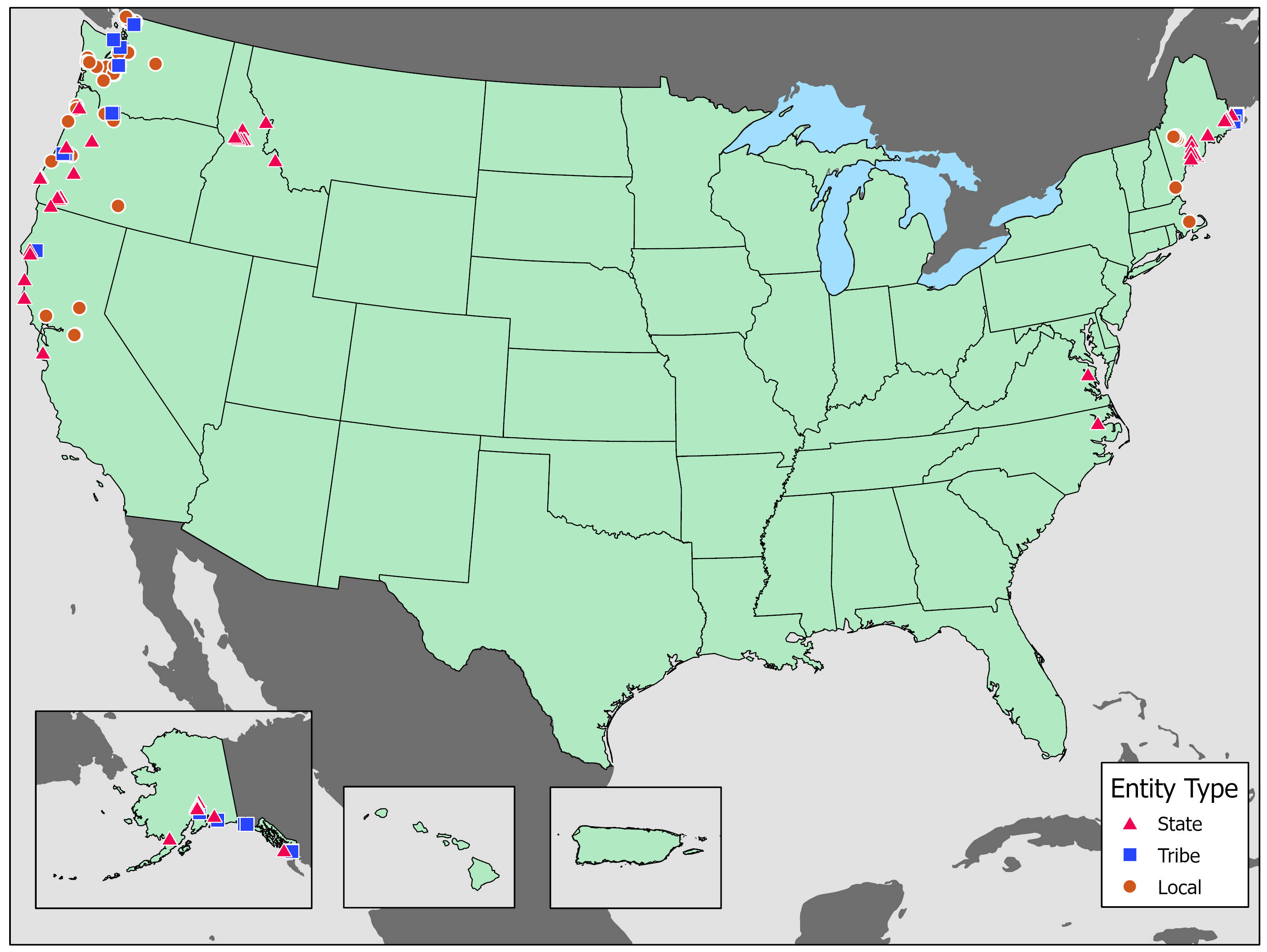 A map showing the location of selected projects by applicant type: 66 State, 53 Units of Local Government, and 50 Tribes in the following States: Alaska, California, Idaho, Maine, Massachusetts, New Hampshire, North Carolina, Oregon, Virginia, and Washington.
