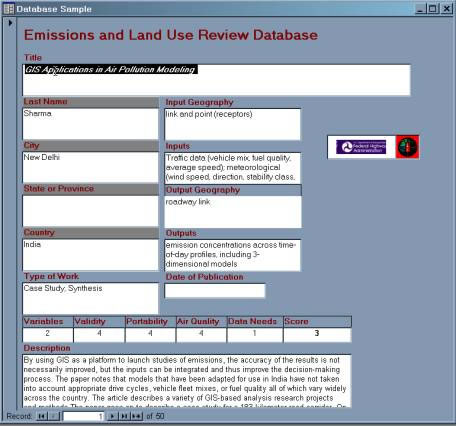 screen shot of Emissions and Land Use Review Database