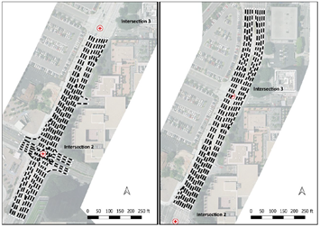 This map shows the Method 1 link networks from Intersection 2 (left) and Intersection 3 (right) overlaid on top of the NGSIM aerial imagery of the study domain. Each link is shown with a black line with white circles on the end points. Each link is about 30 feet long, and there are links representing all lanes of Lankershim Boulevard. There are also links representing about 20 meters of lanes on Universal Hollywood Drive. Finally, there are also links connecting Lankershim Boulevard with Gate 5 of Universal Studios.