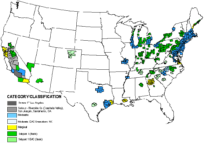 This map depicts the distribution and classification of designated 8-hour ozone nonattainment areas. Severe 17 (Los Angeles), Serious (Riverside Co.-Coachella Valley, San Joaquin, and Sacramento, CA), Moderate, Moderate EAC, Marginal, Subpart 1, and Subpart 1 EAC areas are shown. The map is intended to show the distribution of 8-hour nonattainment areas, mainly in California and the Southern and Eastern United States.