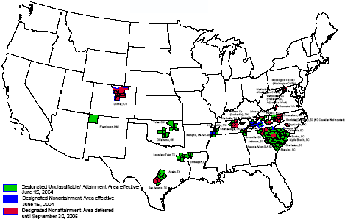 This map depicts the distribution of areas with Early Action Compacts. These areas are categorized into EAC areas that were designated attainment for the 8-hour standard, EAC areas that were designated nonattainment effective June 15, 2004, and EAC areas with deferred effective dates on their nonattainment designations. The map is intended to show the distribution of EAC areas, primarily in the Southern United States.