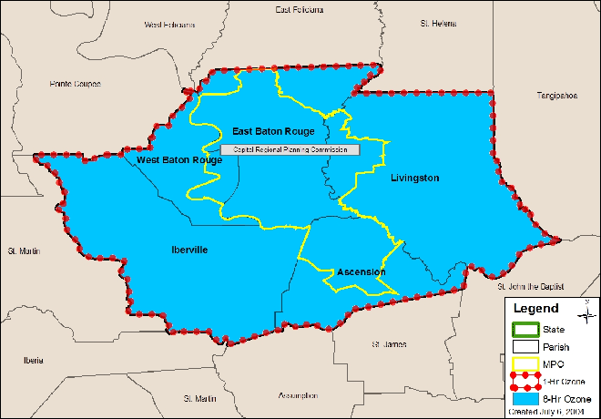 map showing Baton Rouge 8-hour Area (parishes of West Baton Rouge, East Baton Rouge, Iberville, Ascension, and Livingston), 1-hr Ozone Area (the same area). The MPO consists of the large portions of the parishes of East Baton Rouge and Ascension as well as portions the parishes of of West Baton Rouge and Livingston