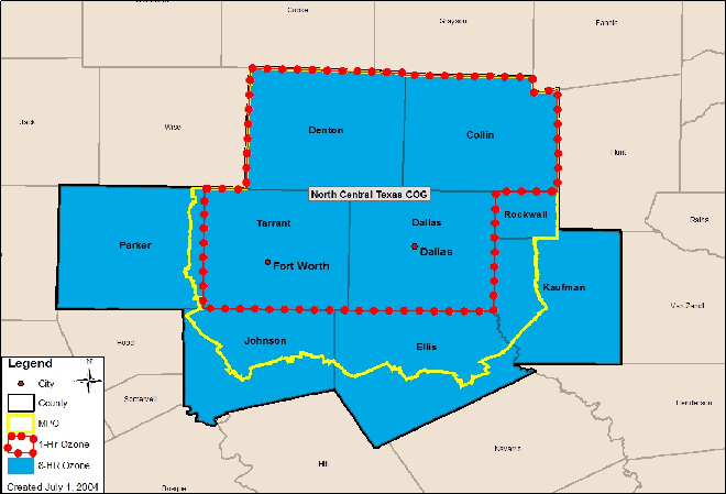 map showing Dallas-Ft. Worth 8-hour Area (counties of Denton, Collin, Parker, Tarrant, Dallas, Rockwell, Johnson, Ellis, and Kaufman), 1-hr Ozone Area (counties of Denton, Collin, Tarrant, and Dallas). The MPO consists of the counties of Denton, Collin, Tarrant, Dallas, and Dallas, Rockwell as well as portions of Parker, Johnson, Ellis, and Kaufman counties