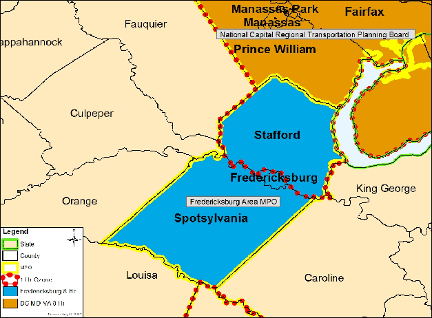 map showing Frederickburg 8-hour Area (Frederickburg and counties of Spotsylvania and Stafford), DC-MD-VA 8-hr Area (Manassas, Manassas Park, and the counties of Prince William and Fairfax), 1-hr Ozone Area (Stafford County and the DC-MD-VA 8-hr Area). Each of the two 8-hr areas are also MPOs