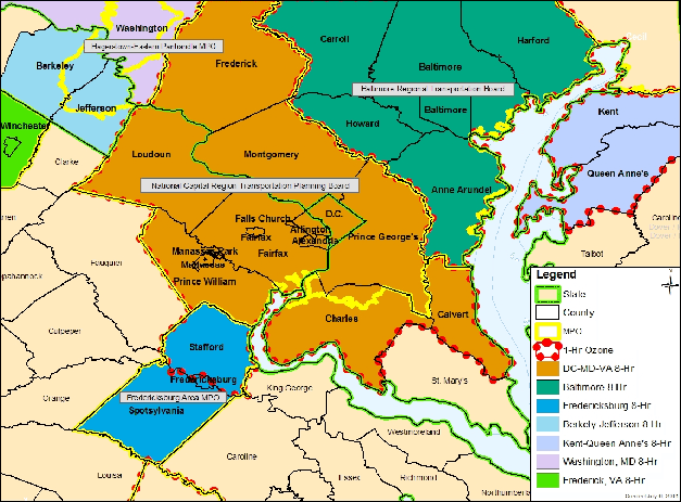 Map shows location of DC-MD-VA (The District of Columbia, Frederick, Montgomery, Pr. George's, Charles, and Calvert counties in Maryland, Arlington, Loudon, Fairfax and Pr. William counties and Alexandria, Fairfax, Manassas and Manassas Park cities in Virginia), Baltimore (Carroll, Baltimore, Harford, Howard, and Anne Arundle counties and the city of Baltimore), Fredericksburg (Stafford and Spotsylvania counties and Fredericksburg city), Berkely/Jefferson (Berkely and Jefferson counties in VA), Kent/Queen Ann's (Kent and Queen Ann's counties in MD), Washington, MD (Washington county), and Frederick, VA (Frederick county and Winchester city) 8-hr Areas; DC-MD-VA (adds Stafford county to 8-hr group), Baltimore (same as 8-hr group), and Kent/Queen Ann's (same as 8-hr group), 1-hr Ozone areas; and related MPOs (Hagerstown/Eastern Panhandle, Baltimore Regional Transportation Board, National Capital Region Transportation Planning Board, and Fredericksburg Area MPO).