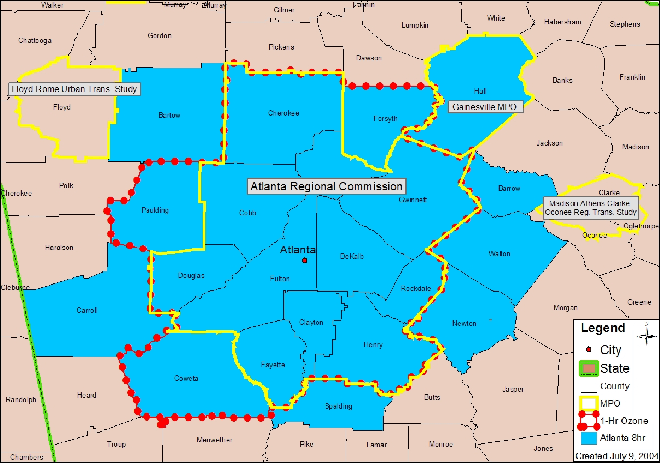 Map shows location of Atlanta 8-hr Area (Bartow, Cherokee, Forsyth, Hall, Paulding, Cobb, Gwinnett, Douglas, Fulton, DeKalb, Coweta. Fayette, Clayton, Henry, and Rockdale counties), Atlanta (Cherokee, Forsyth, Paulding, Cobb, Gwinnett, Barrow, Carroll, Douglas, Fulton, DeKalb, Walton, Coweta. Fayette, Clayton, Spalding, Henry, Rockdale, and Newton counties) 1-hr Ozone area, and Atlanta (Cherokee, Cobb, Gwinnett, Barrow, Carroll, Douglas, Fulton, DeKalb, Walton, Fayette, Clayton, Spalding, Henry, Rockdale, and Newton counties.) MPO.