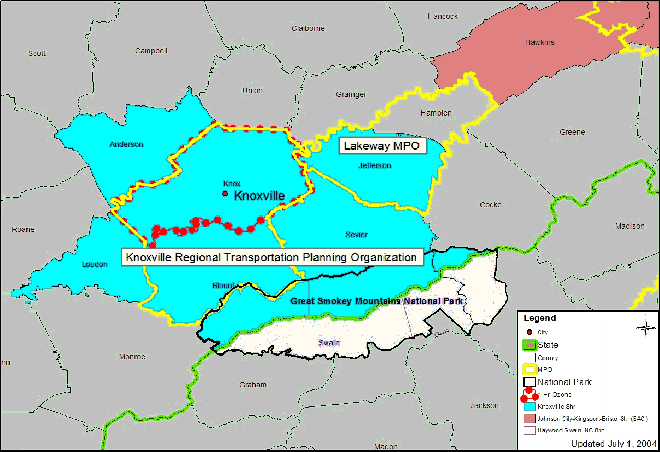 Map shows location of Knoxville 8-hr Area (Anderson, Knox, Jefferson, Loudon, Blount, and Seveir counties as well as the TN half of the Great Smokey Mountain National Park), Knoxville (Knox County) 1-hr Ozone area, and Knoxville (Knox and Blount Cos.) and Lakeway (Jefferson Co.) MPOs.