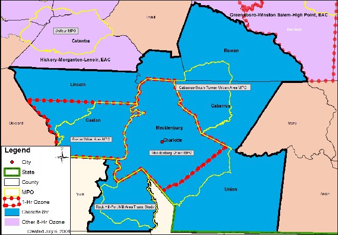 Map shows location of Charlotte 8-hr Area (Lincoln, Gaston, Mecklenburg, Cabarrus, Rowan, and Union counties as well as part of York county), Gaston (Gaston County) and Charlotte (Mecklenburg County) 1-hr Ozone areas, and MPOs in the Charlotte area.