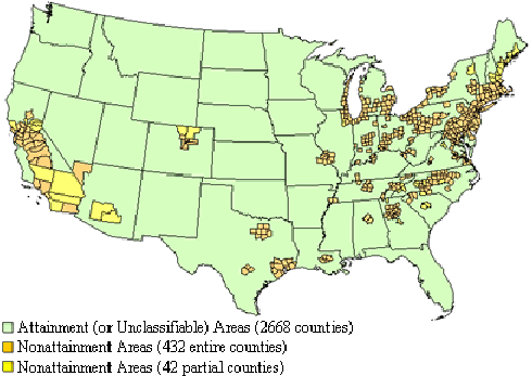 This map depicts the distribution of designated 8-hour ozone nonattainment areas. It shows the 432 entire counties and 42 partial counties that have been designated as nonattainment. The map is intended to show the distribution of 8-hour nonattainment areas, mainly in California and the Southern and Eastern United States.