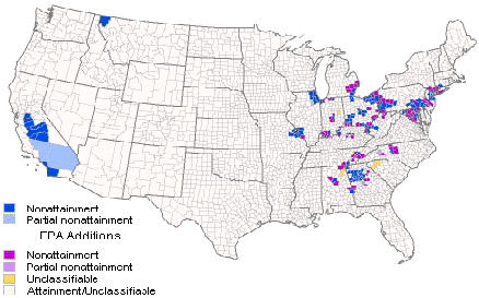 This map depicts the distribution of the areas recommended by the States and EPA for nonattainment under the PM-2.5 standard. It includes those counties and partial counties recommended for nonattainment by the States, and the additional counties and partial counties recommended as nonattainment or unclassifiable by EPA. The map is intended to show the distribution of potential PM-2.5 nonattainment areas, mainly in California and the Eastern United States.