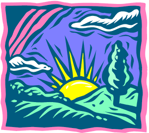 drawing of a landscape with the sun near the horizon