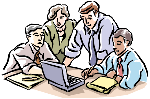 drawing of a group of 4 people meeting around a computer laptop