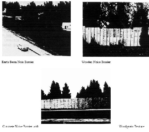 This figure shows three pictures. The first is of an earthen berm, which is a grassy earthen mound constructed high enough to act as a noise barrier. The second picture is of a wooden noise barrier, and the third picture is of a concrete noise barrier with a wood grain texture.