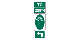 This figure shows a vertical arrangement of a sign assembly from top to bottom: M4-5, M3-3, M1-8, M5-1.  M4-5 is shown as a horizontal rectangular green sign with a white border and legend. It shows the word "TO".  M3-3 is shown as a horizontal rectangular green sign with a white border and legend. It shows the word "SOUTH" in large and small capital letters.  M1-8 is shown as a vertical rectangular white sign. It shows a green oval with a white symbol of a bicycle above the white numeral "1" on the oval.  M5-1 is shown as a horizontal rectangular green sign with a white border and legend. It is shown with a right-angled arrow pointing up and to the left.