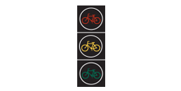 This figure shows a vertical arrangement of signal sections in bicycle signal faces from top to bottom: red bicycle, yellow bicycle, green bicycle.