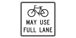 R4-11 is shown as a square white sign with a black border and legend. A black symbol of a bicycle is shown on the top half of the sign above the words "MAY USE FULL LANE" in black on two lines.