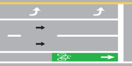 A four-lane, one-way roadway is shown in a horizontal rectangle.  The lane at the top of the figure is an exclusive left-turn lane with two left-turn pavement marking arrows.  Two through lanes separated by a broken white line leading to a solid white line are contiguous to the exclusive left-turn lane.  A bicycle lane is shown to the right of the through lanes.  The bicycle lane is marked with a bicycle symbol and a through arrow.  Green is shown as a background in the bicycle lane behind the bicycle symbol and the through arrow.