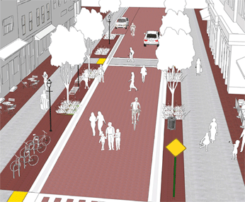 Image from the Shared Street Design Toolbox showing a shared street with people walking in the middle and bicyclist.
