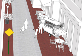 Graphic showing the a view of the comfort zone with a table and chairs, a street food vendor, and child playing.