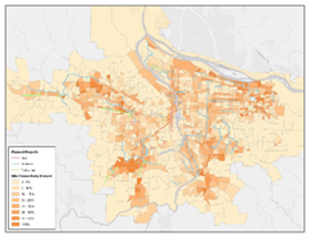 Citywide traffic analysis zone map with each zone shaded in one of nine colors indicating the level of bicycle connectivity. Colors range from light yellow (0-5% connectivity) to dark orange (>50% connectivity).