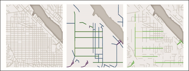 Graphic contains three sample variations of a generic transportation facility map, arranged in a row from left to right: All streets network: all lines in the grid are grey, indicating all streets regardless of type Facility-based: no grey lines are depicted; some lines are shown in green or purple indicating designated pedestrian / bicycle facilities Quality-weighted: some grey lines are added to the colored lines in the second image, indicating the addition of selected streets that meet a minimum quality/ maximum stress threshold.