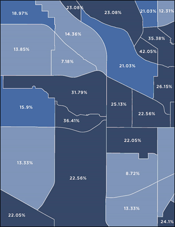 Title: Sidewalk Completeness Per Traffic Analysis Zone - Description: This map of a sidewalk completeness analysis displays approximately 25 Traffic Analysis Zones (TAZs), each of which is colored in one of three shades of blue. Percentages displayed in each TAZ indicate the number of links with sidewalks compared to the total links. Darker colored TAZs have percentages. Percentages in the darkest colored TAZs range from 42.05% to 22.05%. Medium colored TAZs range from 21.03% 15.90%. Light colored TAZs range from 14.36% to 7.18%. Some TAZs of similar ranges are adjacent, but there is no discernible pattern of completeness across the subarea.
