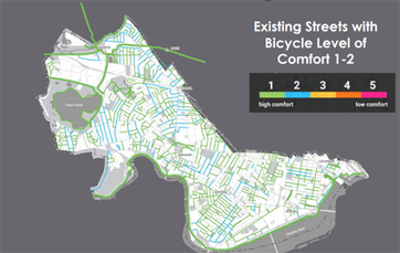 Map of citywide streets colored to represent a five-point bicycle level of comfort index. Green streets are rated 1 (highest), pink streets are rated 5 (lowest).