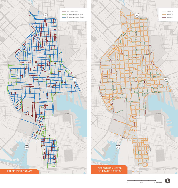 Title: Pedestrian Network Completeness and Traffic Stress Maps - Description: Two adjacent maps displaying different pedestrian connectivity measures. Map on the left indicates presence/ absence of sidewalks, ranging from red (no sidewalks) to green (sidewalks on one side) to blue (sidwalks on both sides). Map on the right indicates pedestrian level of trafic stress, ranging from green (PLTS 2) to yellow (PLTS 3) to red (PLTS 4).