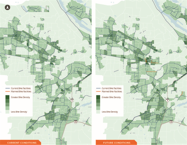 Title: Current and Future Bicycle Network Density Maps - Description: Two adjacent citywide maps comparing current and future levels of bicycle network density by traffic analysis zone. Zones are shaded in six levels of green, ranging from dark (greater bike density) to light (less bike density).