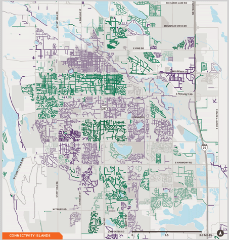 Portion of Fort Collins, CO street network with segments colored in shades of purple or green to indicate levels of traffic stress and low stress network connectivity. Gaps between clusters of colored segements indicate the presence of a connectivity island.