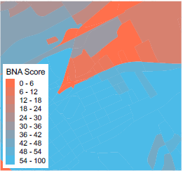 This box shows the same cross-section of streets as the top box, overlaid by color blocks in ten shades ranging from dark orange to bright blue. The legend displays ten ranges of BNA scores. Dark orange indicates a score of 0-6, while bright blue indicates a score of 54-100. The color blocks convey a similar pattern of stress to those indicated on the line segments in the top box.