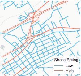 This graphic shows BNA scores at network, block, and citywide scales. This box shows the entire city colored in light blue, with the surrounding area in a neutral color. Text in the lower right corner indicates the city as a whole has a BNA score of 23.