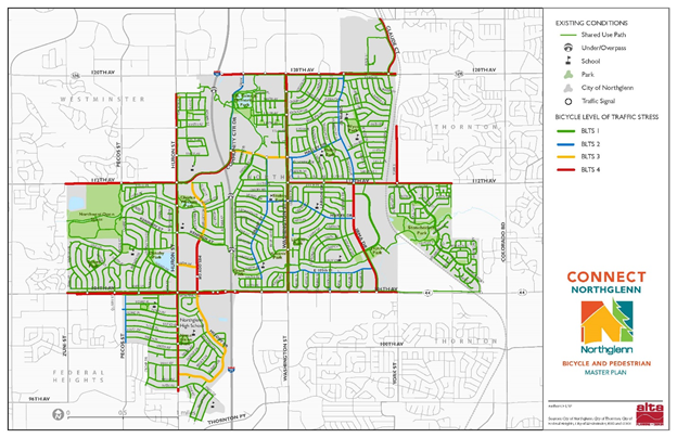 Title: Connect Northglenn Bicycle Level of Traffic Stress Map - Description: Citywide map with segments colored to indicate four BLTS scores: 1 (green), 2 (blue), 3 (yellow), 4 (red). Shaded areas of the map indicate parks (green). Icons indicate schools, traffic signals, and under/ overpasses. 