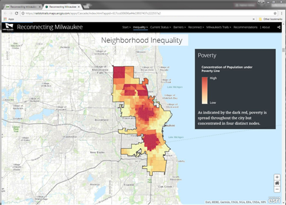 Screen shot of Milwaukee Neighborhood Inequality map displaying concentrations of populations below poverty in blocks on a color scale ranging from red (high) to yellow (low).