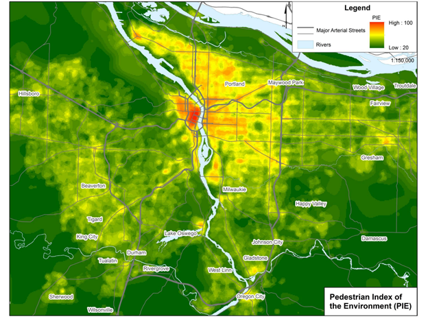 Title: Pedestrian Index of the Environment (PIE) map - Description: Heat map of Portland metro region including suburban communities ranging from Hillsboro to the west, Wilsonville to the southwest, Damascus to the southeast, and Troutdale to the east. The river borders the northern edge and traverses the center of the region. PIE ranges are shown in shades of red (high - 100) to dark green (low - 20). Red and orange areas are concentrated in downtown Portland by the river. Suburban communities are shaded in yellow or light green.