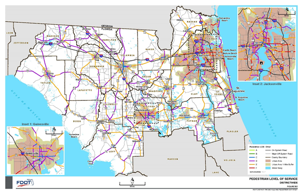 Map of northern Florida counties with insets of Gainesville and Jacksonville regions. On-system roads are shown in black, major off-system roads are in gray. Segments for which Pedestrian LOS were calculated are colored in light green (A), dark green (B), blue (C), purple (D), tan (E), or red (F).