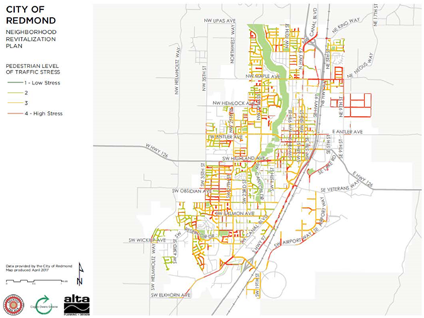Map of city streets colored according to four levels of traffic stress: dark green (1 - low stress), light green (2), yellow (3), and red (4 - high stress).