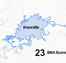 This graphic shows BNA scores at network, block, and citywide scales. This box shows the entire city colored in light blue, with the surrounding area in a neutral color. Text in the lower right corner indicates the city as a whole has a BNA score of 23.