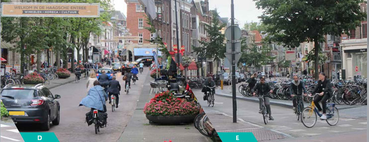 The picture on the left shows bicyclists and cars traveling together along an urban road. The photo on the right shows a bicyclists riding along a bike route, and a very large bank of bikes parked on the sidewalk.