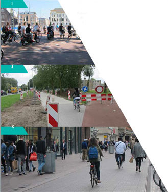 The top picture shows bicyclists and scooters traveling along a bikeway. The middle picture shows a well marked construction zone that still accomodates bike travel. The bottom picture shows bicyclists and pedestrians traveling in the same right of way.
