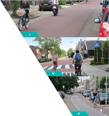 The top photo shows bicyclists and motor scooters traveling in a roadway with cars parked on the side. The middle picture shows 2 bicyclists riding down a road. The bottom picture shows people traveling on bikes down a road with separated bike lanes on each side, and cars parked further on the side of the road.