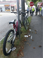 Image shows bicycles locked to poles and trees.