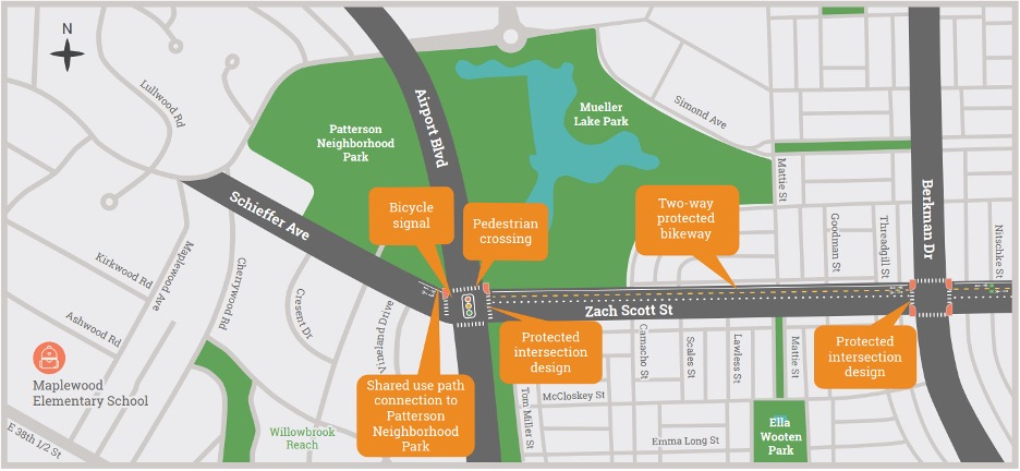 This image shows a map of the Zach Scott Street-Schieffer Avenue improvements. It is a road map. Zach Scott Street, Schieffer Avenue, Airport Boulevard, and Berkman Drive are shown as disproportionately large and in a darker gray in order to indicate the improvements. These roads show markings of pedestrian crossings, a two-way protected bike path, and a shared use path connection. Two intersections are shown in this graphic, both of which have protected intersection designs. Key reference points on the map are Maplewood Elementary School, Patterson Neighborhood Park, Mueller Lake Park, and Ella Wooten Park. The parks are all colored green.